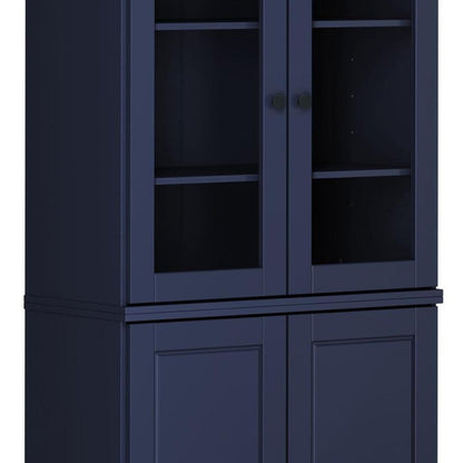 72" Navy Blue Solid Wood Adjustable Six Tier Library Bookcase with Four Doors HomeRoots