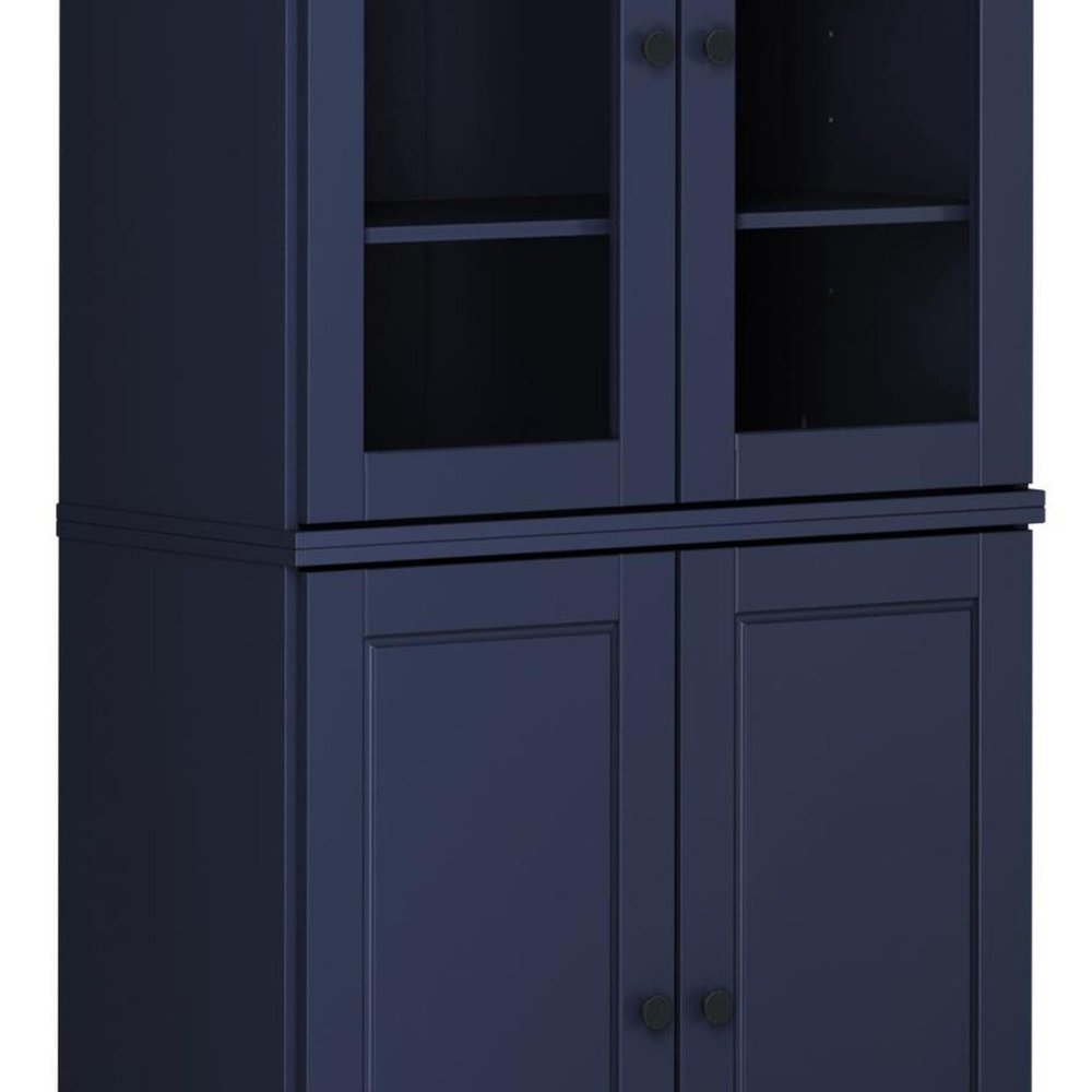 72" Navy Blue Solid Wood Adjustable Six Tier Library Bookcase with Four Doors HomeRoots