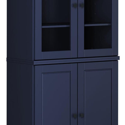 72" Navy Blue Solid Wood Adjustable Six Tier Library Bookcase with Four Doors HomeRoots