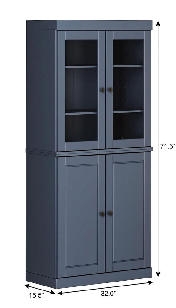72" French Blue Solid Wood Adjustable Six Tier Library Bookcase with Four Doors — view 3