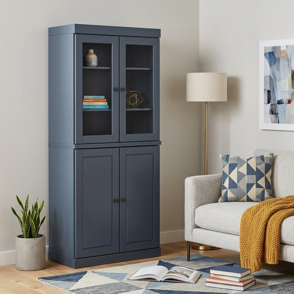 72" French Blue Solid Wood Adjustable Six Tier Library Bookcase with Four Doors — view 6