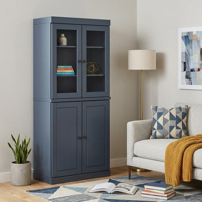72" French Blue Solid Wood Adjustable Six Tier Library Bookcase with Four Doors