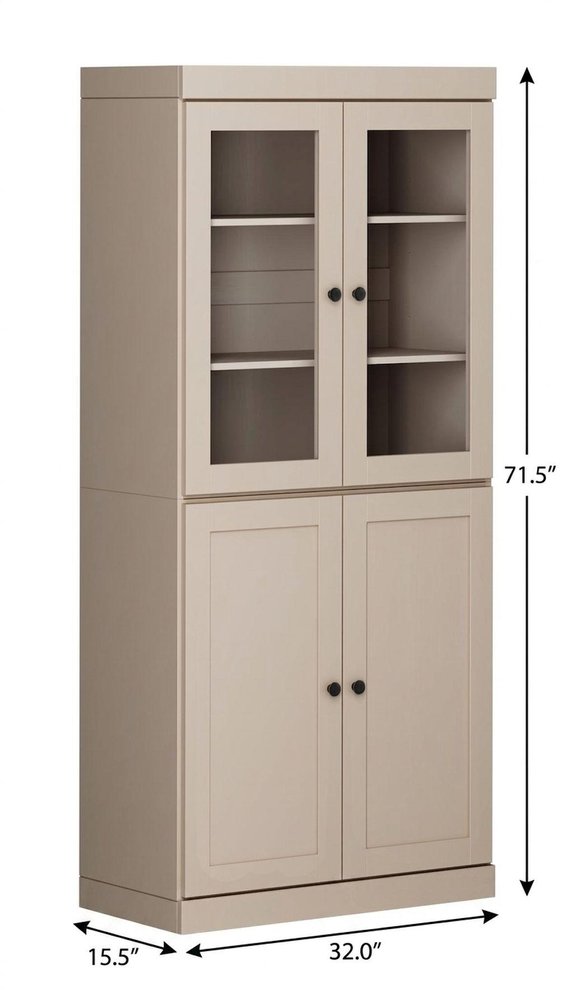72" Beige Solid Wood Adjustable Six Tier Library Bookcase with Four Doors HomeRoots