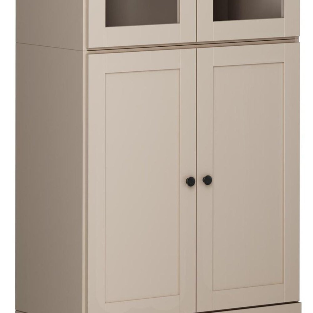 72" Beige Solid Wood Adjustable Six Tier Library Bookcase with Four Doors — view 4