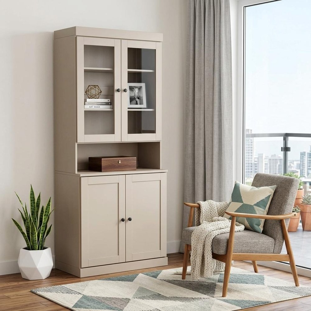 72" Beige Solid Wood Adjustable Six Tier Library Bookcase with Four Doors — view 6