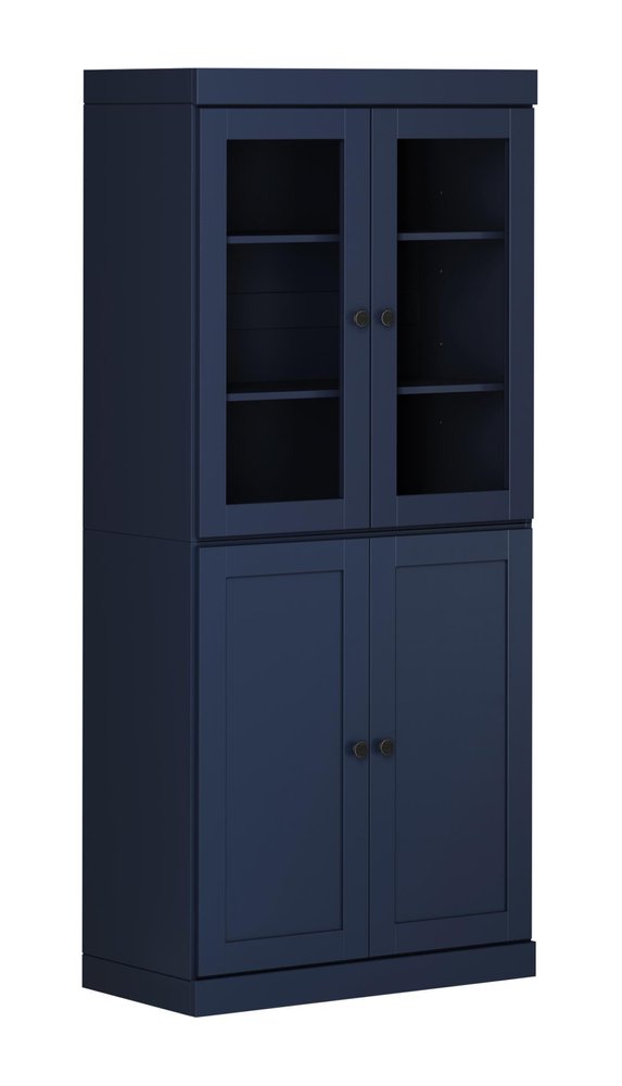 72" Navy Blue Solid Wood Adjustable Six Tier Library Bookcase with Four Doors HomeRoots