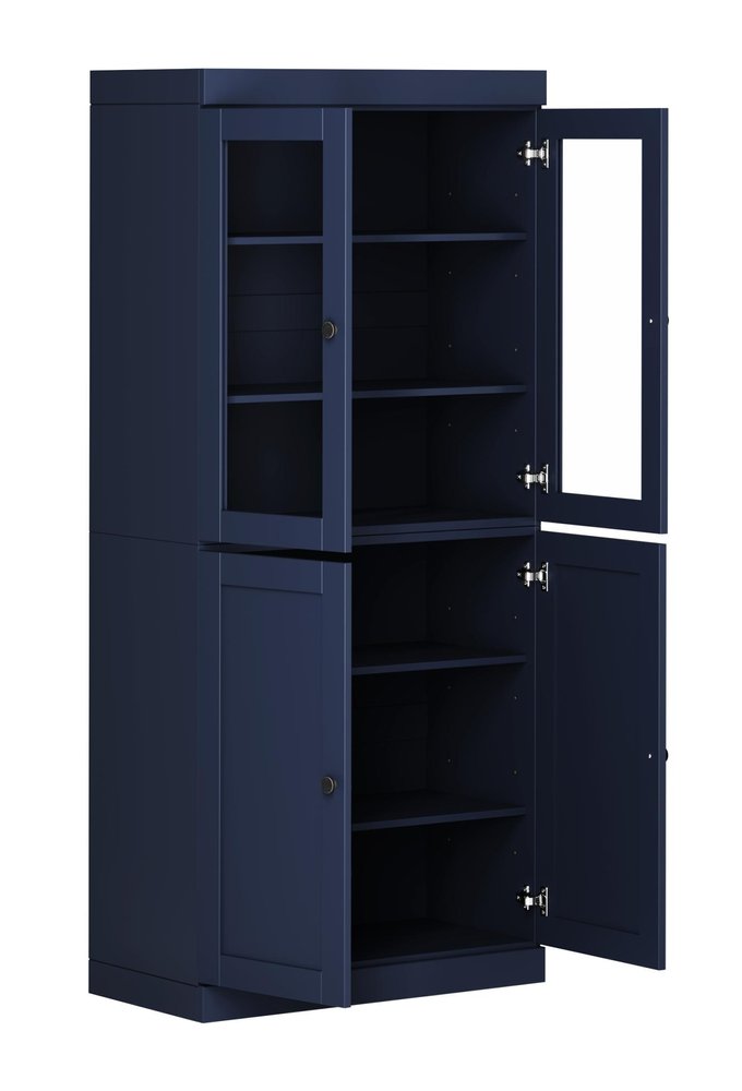 72" Navy Blue Solid Wood Adjustable Six Tier Library Bookcase with Four Doors — view 2