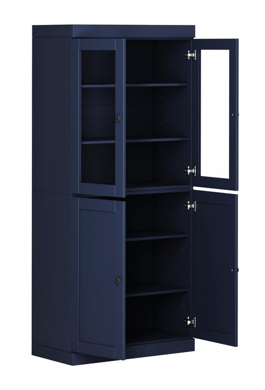 72" Navy Blue Solid Wood Adjustable Six Tier Library Bookcase with Four Doors