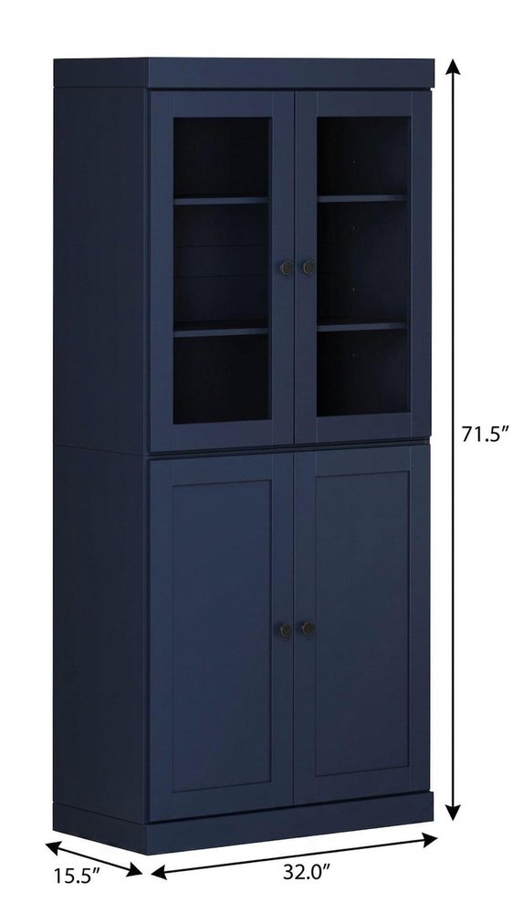 72" Navy Blue Solid Wood Adjustable Six Tier Library Bookcase with Four Doors HomeRoots
