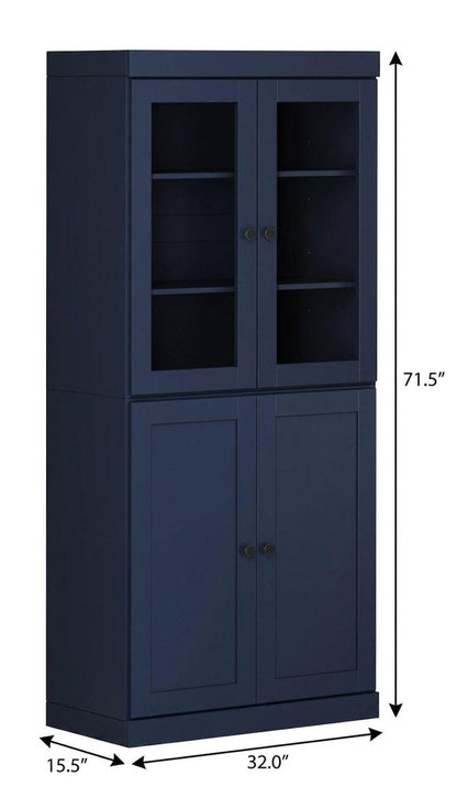 72" Navy Blue Solid Wood Adjustable Six Tier Library Bookcase with Four Doors HomeRoots