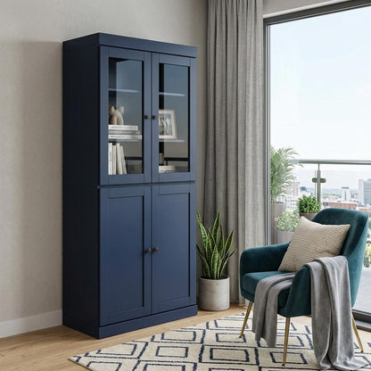72" Navy Blue Solid Wood Adjustable Six Tier Library Bookcase with Four Doors HomeRoots