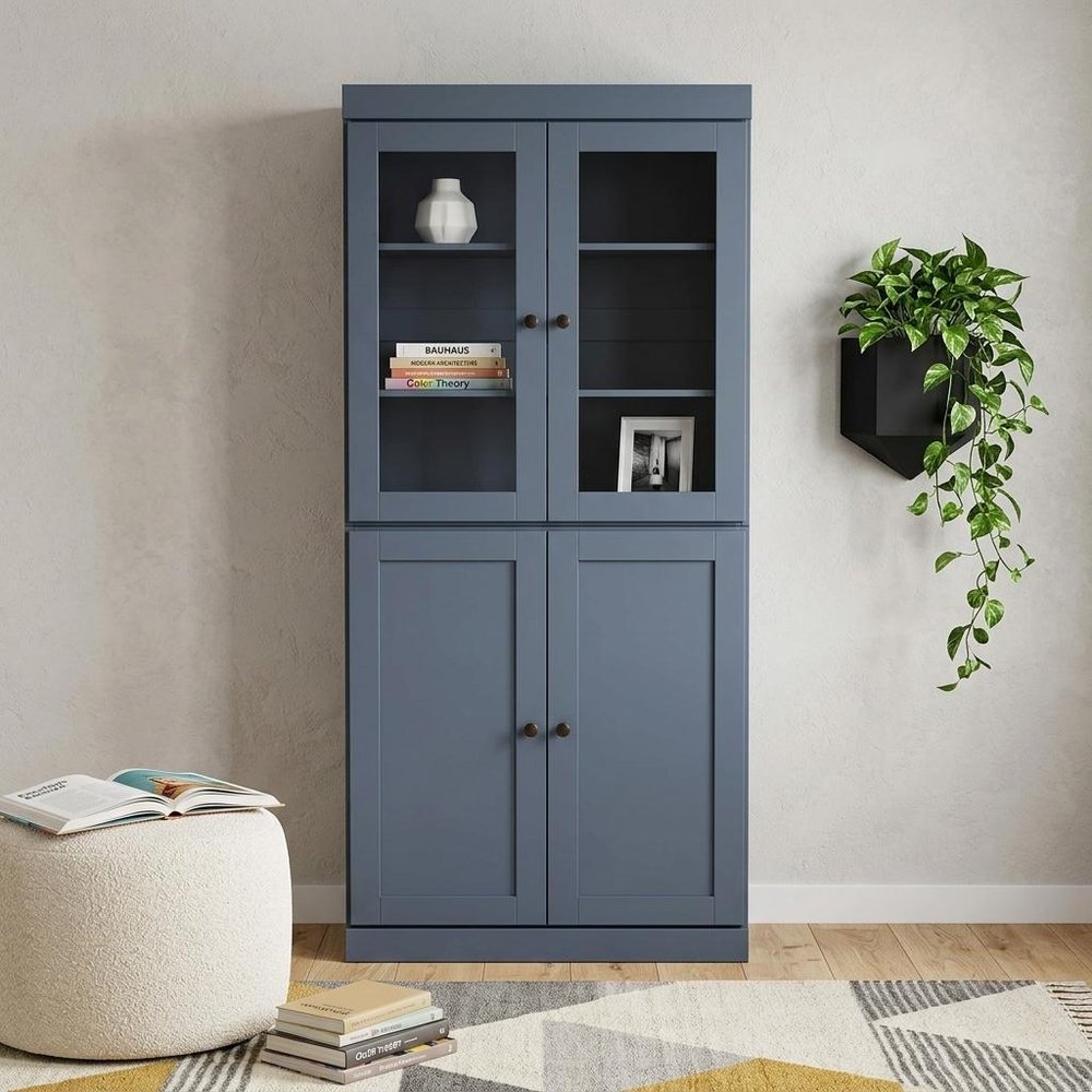 72" French Blue Solid Wood Adjustable Six Tier Library Bookcase with Four Doors — view 6