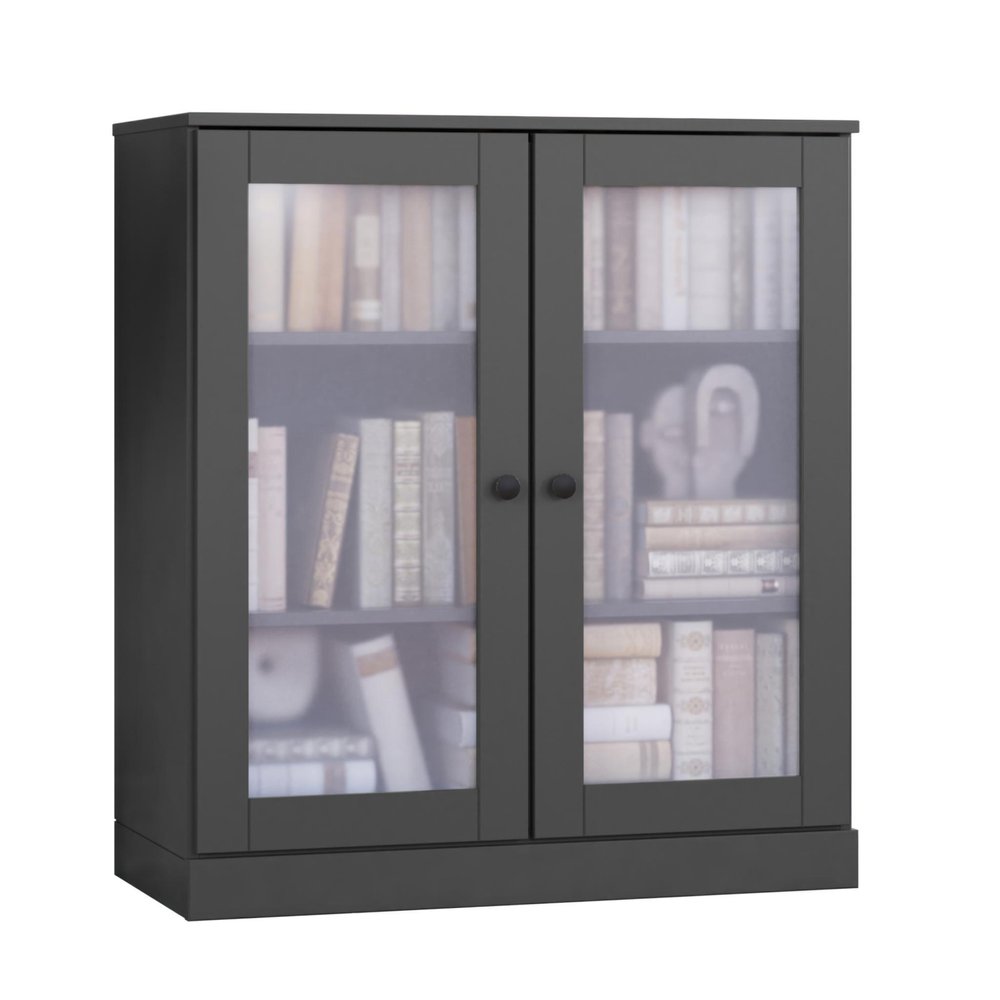 36" Gray Solid Wood Adjustable Three Tier Library Bookcase with Two Doors