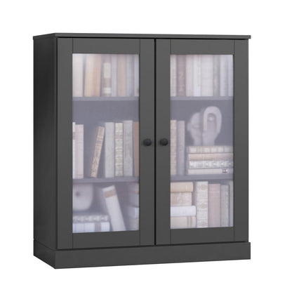 36" Gray Solid Wood Adjustable Three Tier Library Bookcase with Two Doors