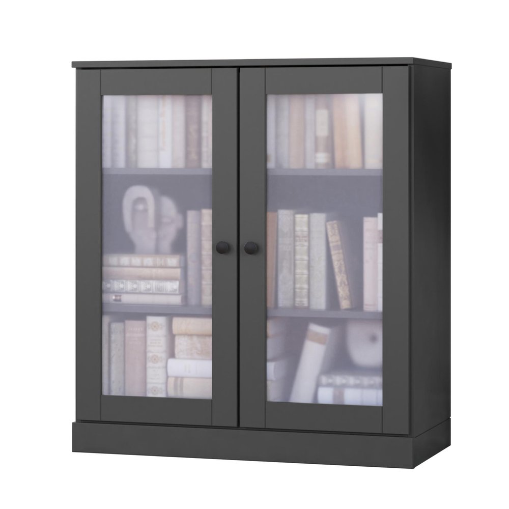 36" Gray Solid Wood Adjustable Three Tier Library Bookcase with Two Doors HomeRoots