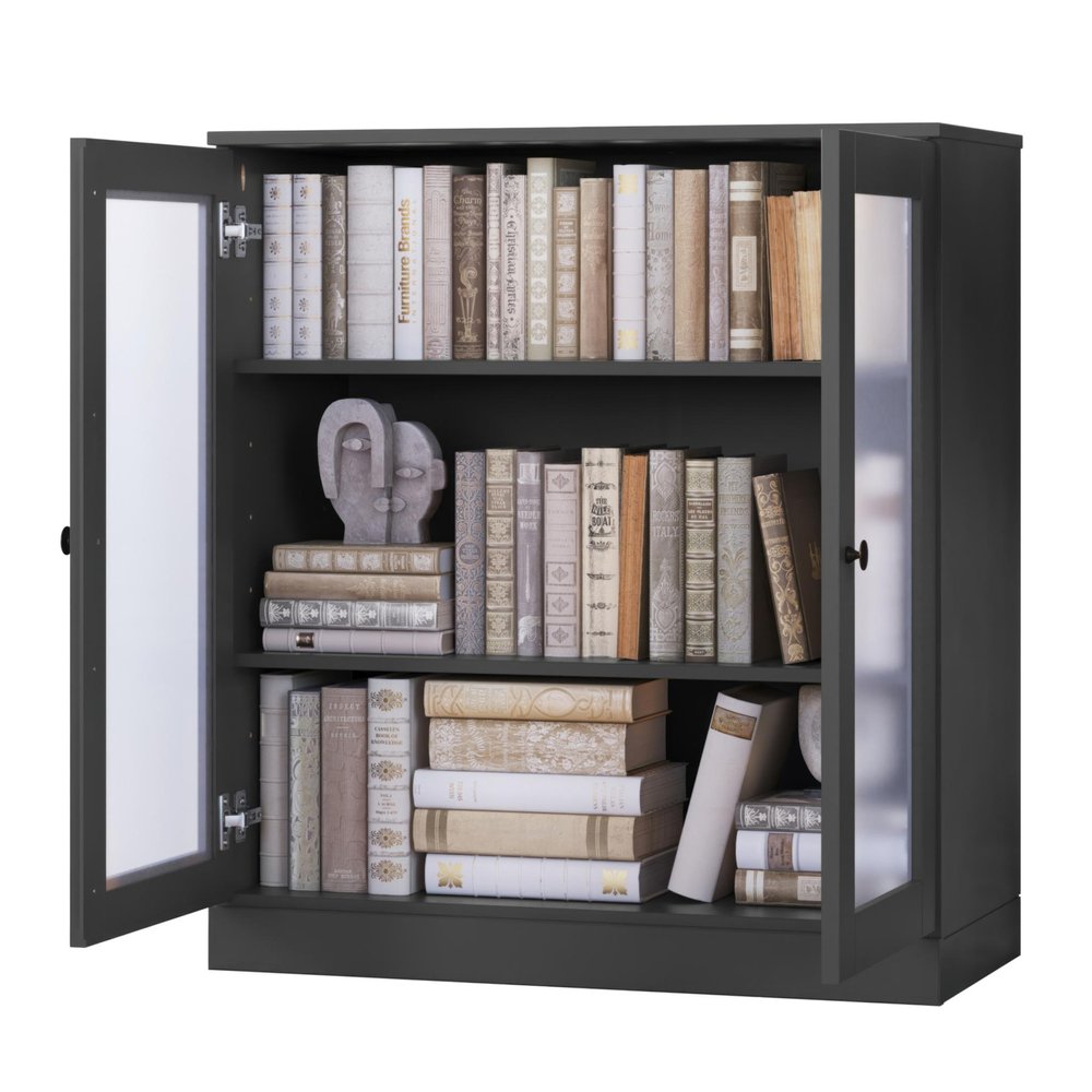 36" Gray Solid Wood Adjustable Three Tier Library Bookcase with Two Doors