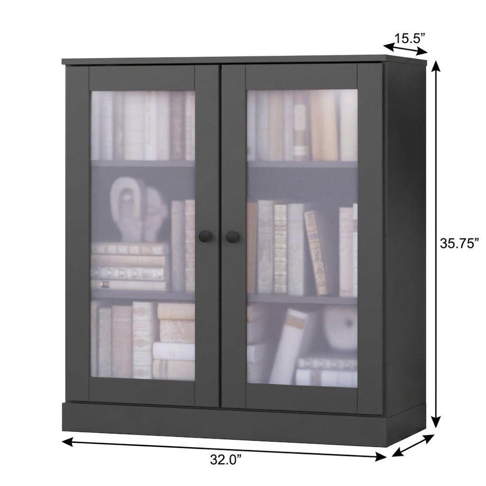 36" Gray Solid Wood Adjustable Three Tier Library Bookcase with Two Doors — view 3