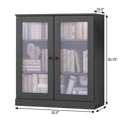 36" Gray Solid Wood Adjustable Three Tier Library Bookcase with Two Doors
