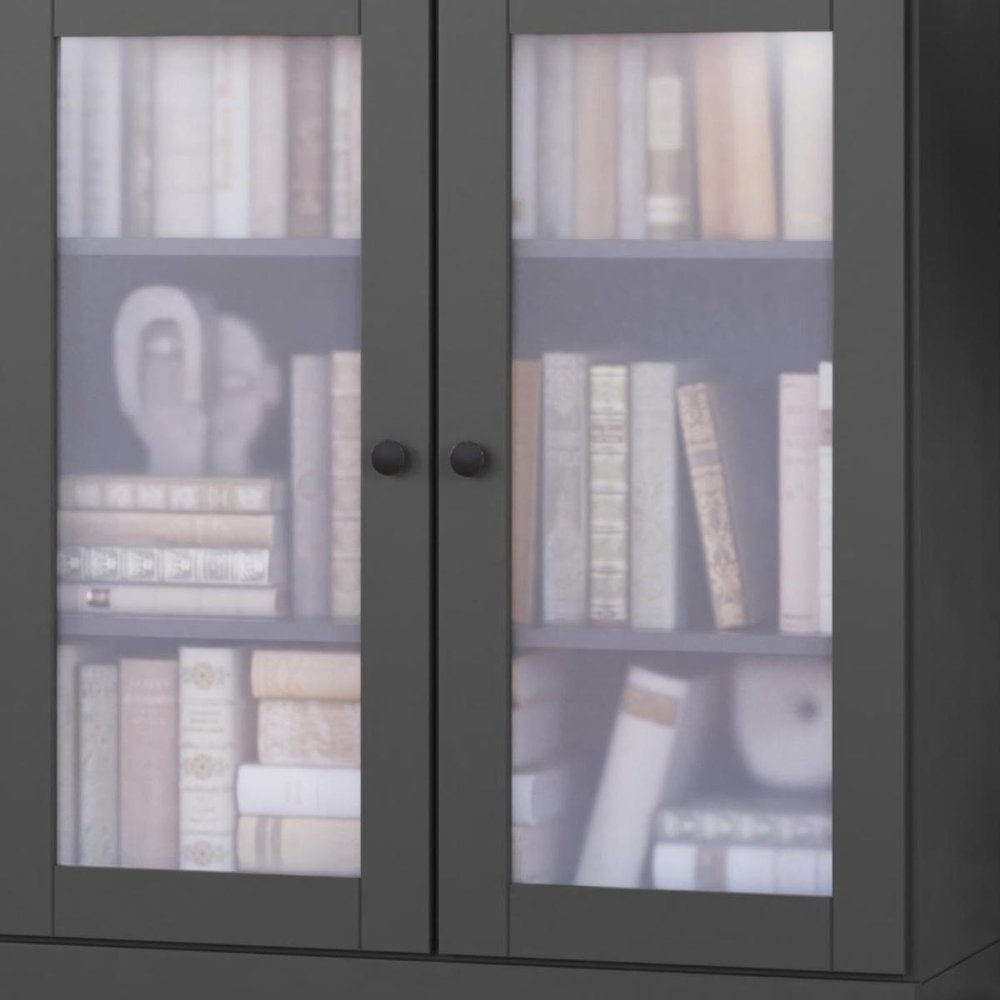 36" Gray Solid Wood Adjustable Three Tier Library Bookcase with Two Doors HomeRoots