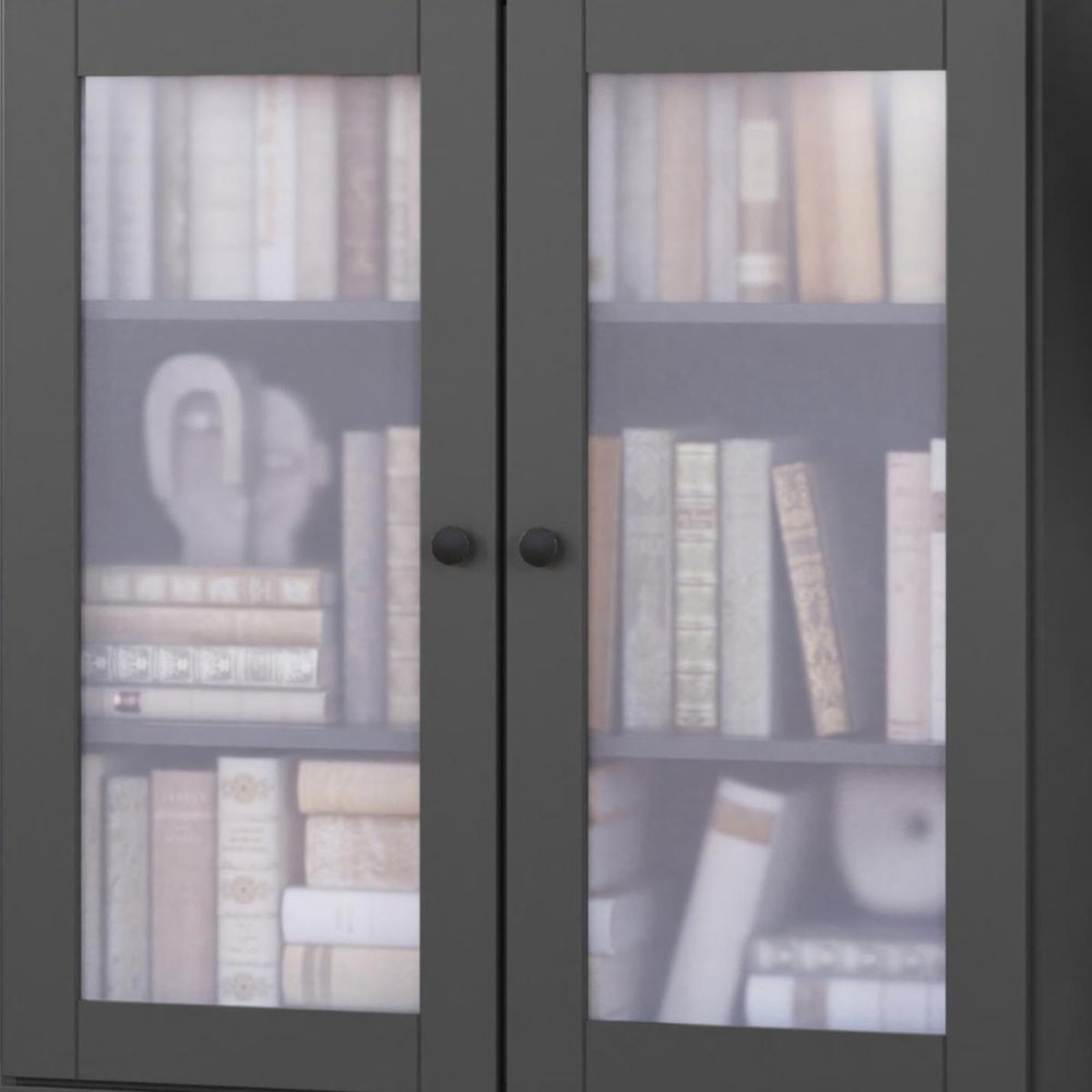 36" Gray Solid Wood Adjustable Three Tier Library Bookcase with Two Doors HomeRoots