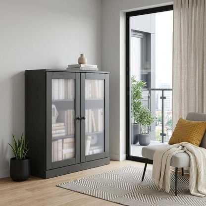 36" Gray Solid Wood Adjustable Three Tier Library Bookcase with Two Doors HomeRoots