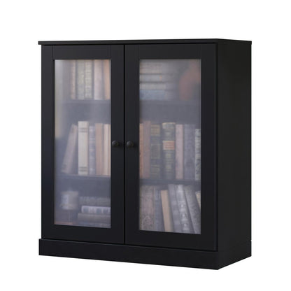 36" Black Solid Wood Adjustable Three Tier Library Bookcase with Two Doors