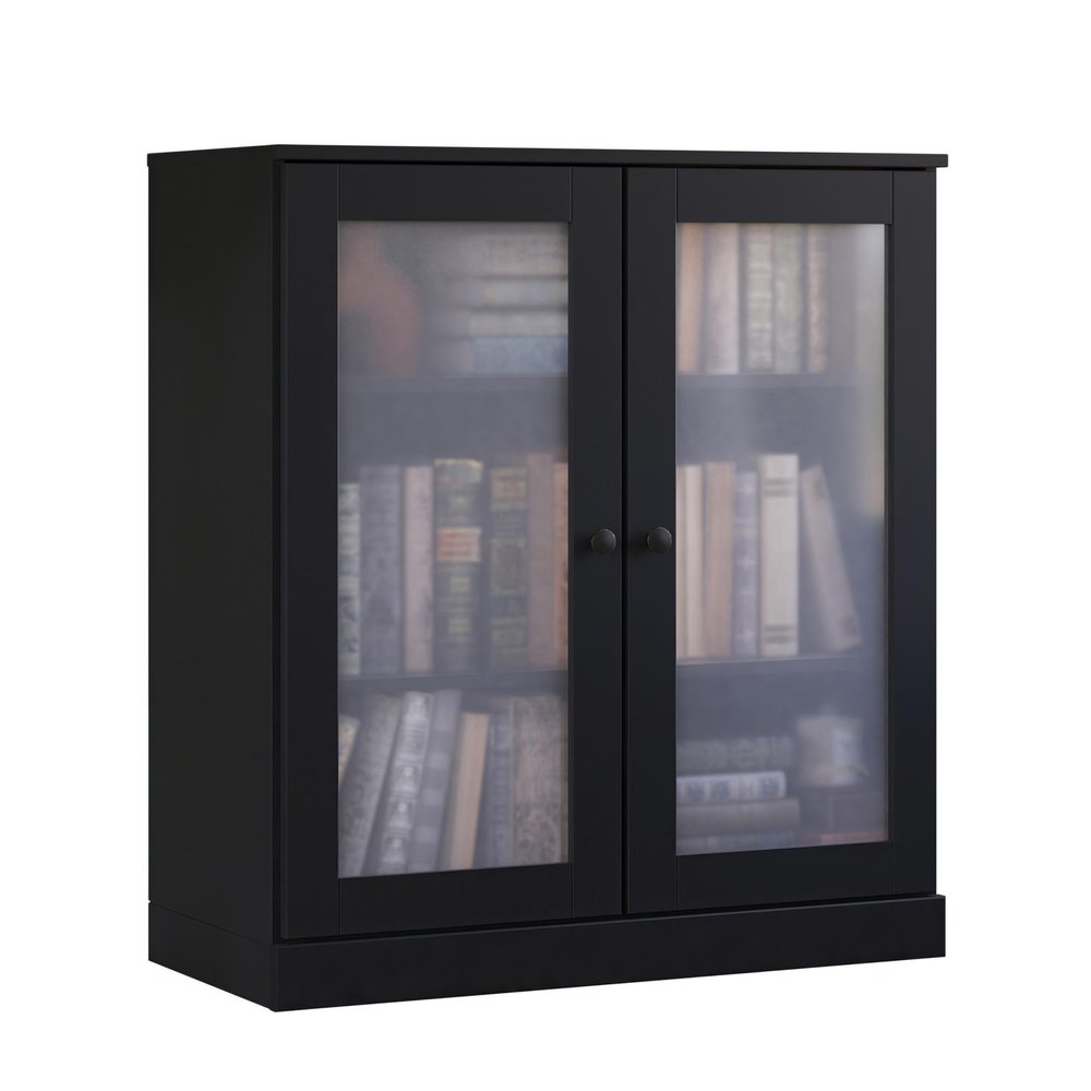 36" Black Solid Wood Adjustable Three Tier Library Bookcase with Two Doors HomeRoots