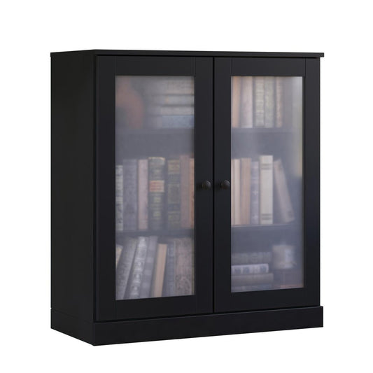36" Black Solid Wood Adjustable Three Tier Library Bookcase with Two Doors HomeRoots