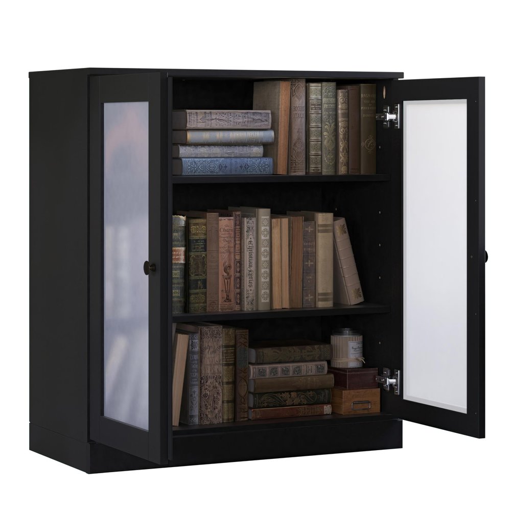 36" Black Solid Wood Adjustable Three Tier Library Bookcase with Two Doors