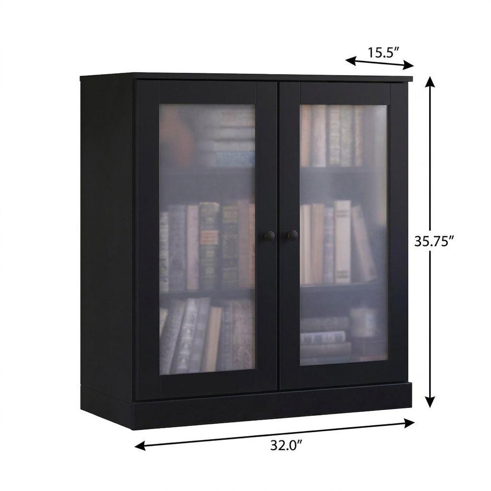 36" Black Solid Wood Adjustable Three Tier Library Bookcase with Two Doors — view 2