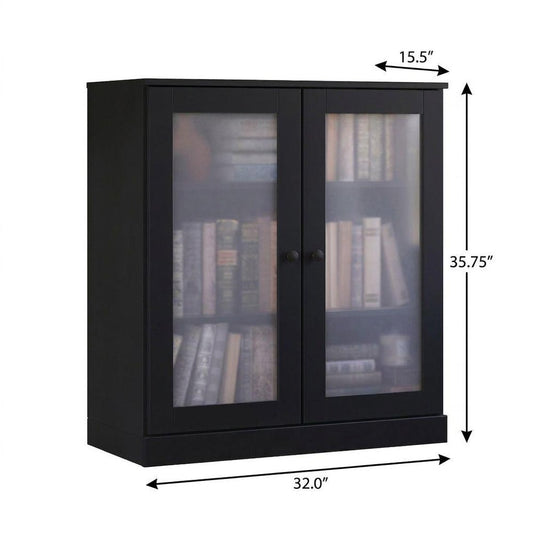 36" Black Solid Wood Adjustable Three Tier Library Bookcase with Two Doors