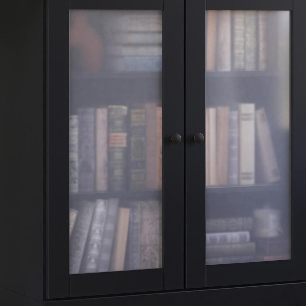 36" Black Solid Wood Adjustable Three Tier Library Bookcase with Two Doors HomeRoots