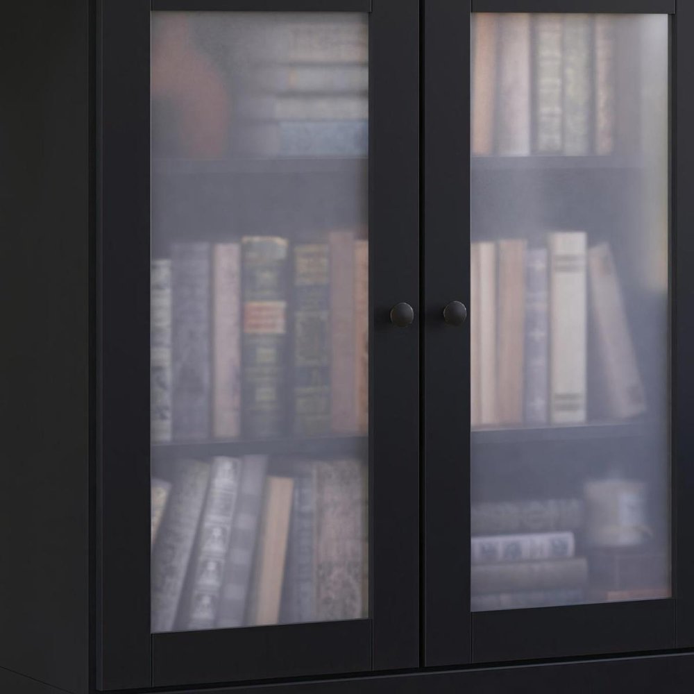 36" Black Solid Wood Adjustable Three Tier Library Bookcase with Two Doors HomeRoots