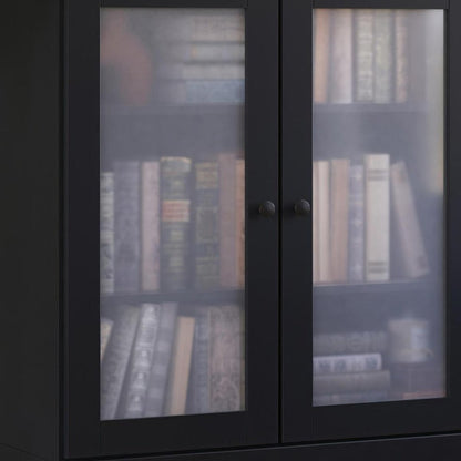 36" Black Solid Wood Adjustable Three Tier Library Bookcase with Two Doors