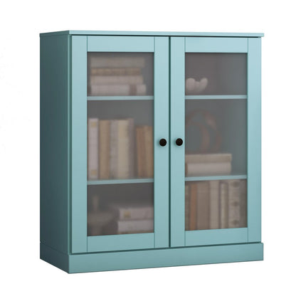 36" Aqua Solid Wood Adjustable Three Tier Library Bookcase with Two Doors HomeRoots