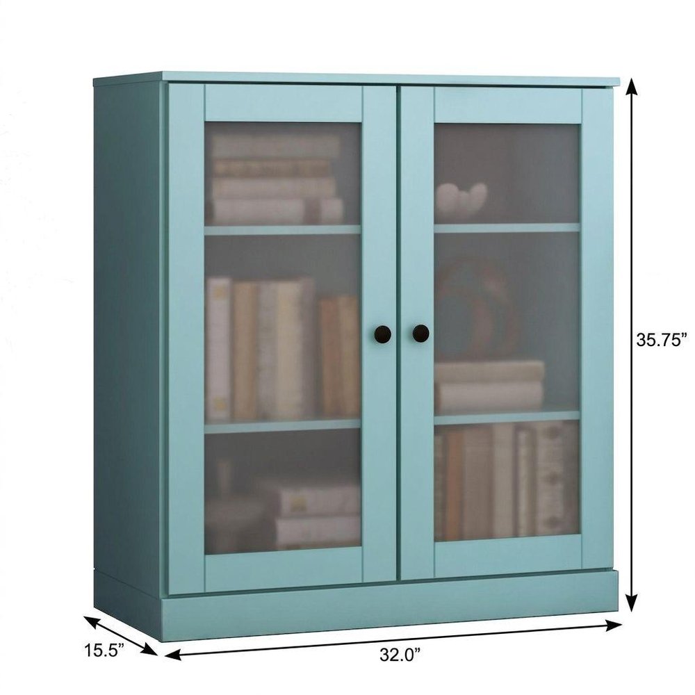 36" Aqua Solid Wood Adjustable Three Tier Library Bookcase with Two Doors HomeRoots