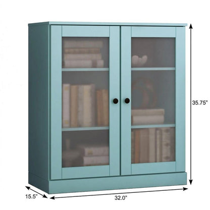 36" Aqua Solid Wood Adjustable Three Tier Library Bookcase with Two Doors HomeRoots