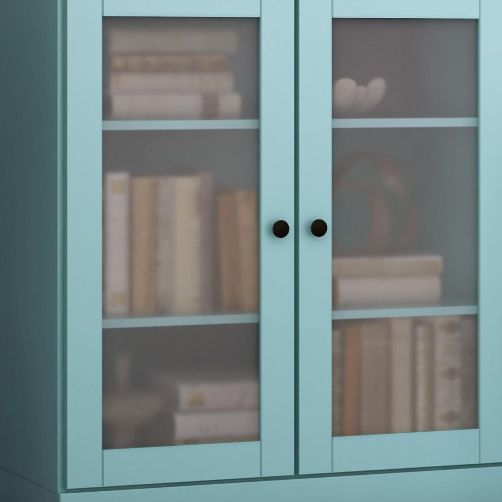36" Aqua Solid Wood Adjustable Three Tier Library Bookcase with Two Doors HomeRoots