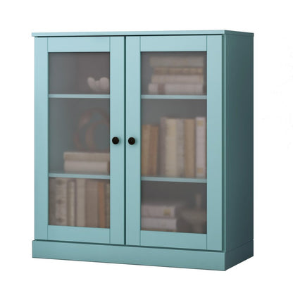 36" Aqua Solid Wood Adjustable Three Tier Library Bookcase with Two Doors HomeRoots