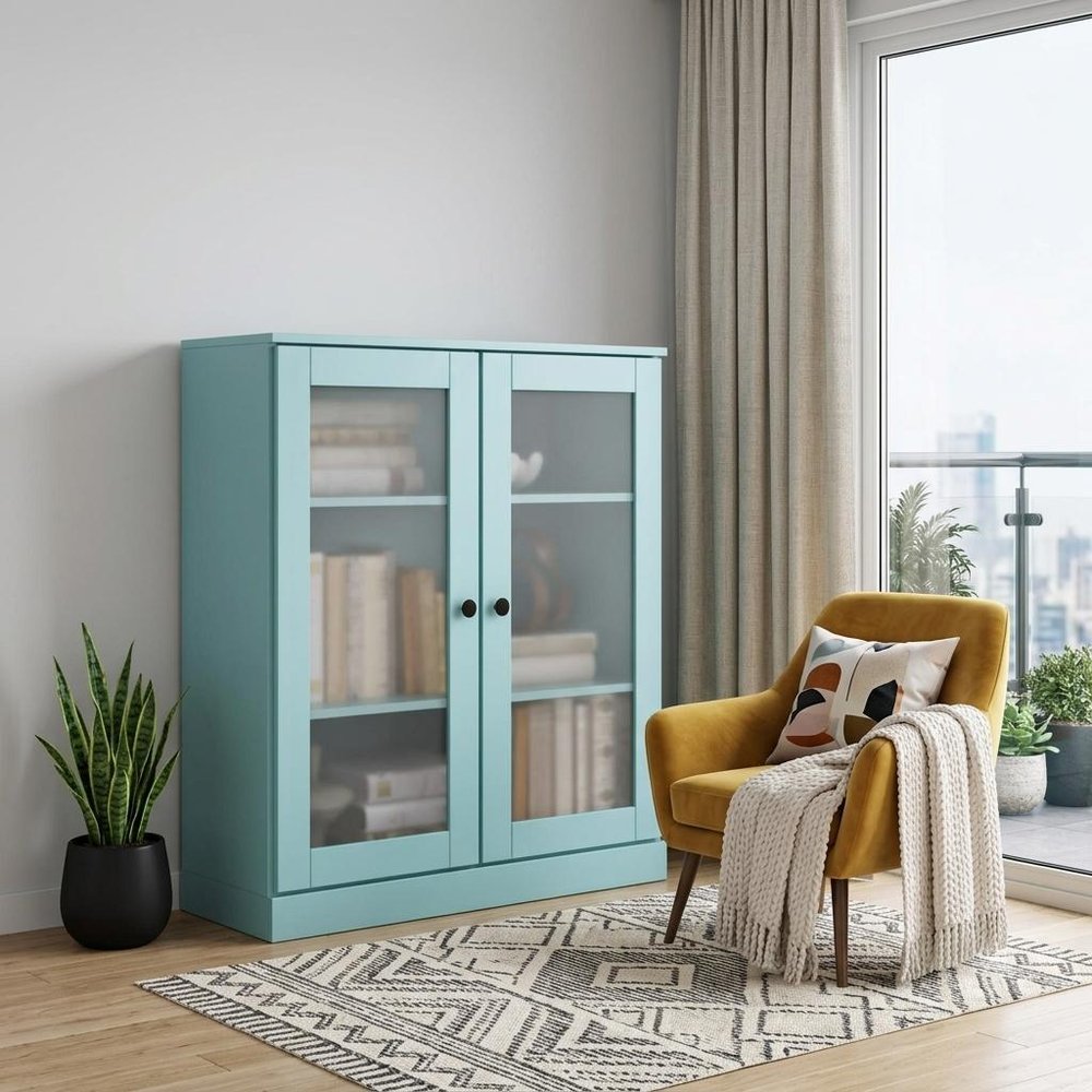 36" Aqua Solid Wood Adjustable Three Tier Library Bookcase with Two Doors — view 5