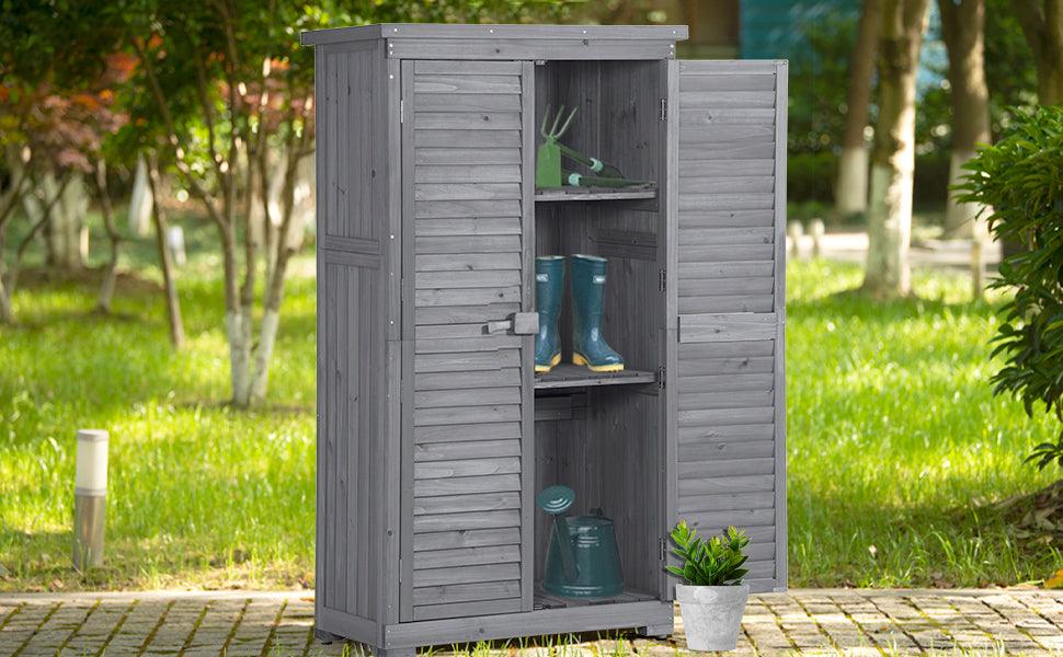 Wooden Garden Shed 3-tier Patio Storage Cabinet Outdoor Organizer Wooden Lockers with Fir Wood (Gray Wood Color -Shutter Design) - FurniFindUSA