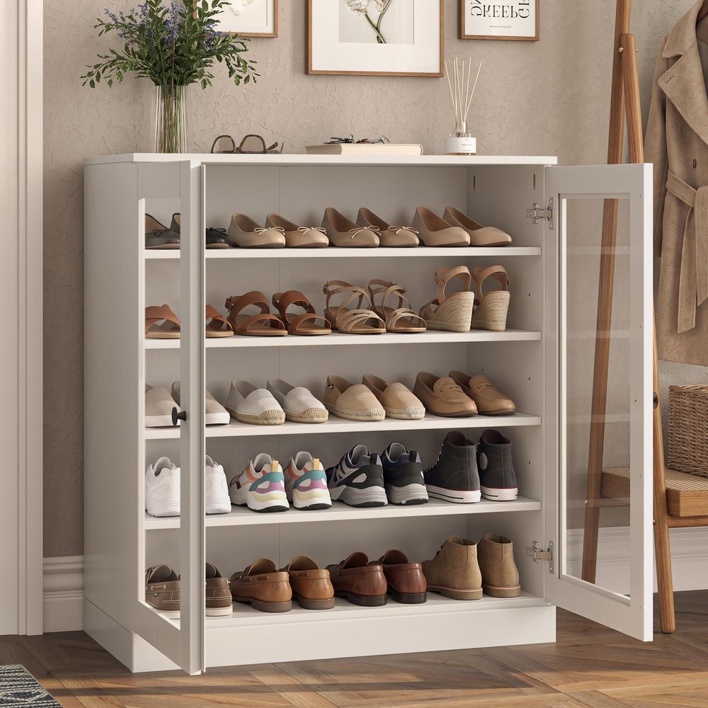 White Twenty Pair Solid WoodShoe Storage Cabinet HomeRoots