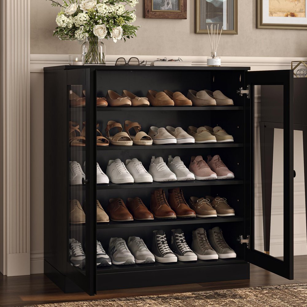 Black Twenty Pair Solid WoodShoe Storage Cabinet HomeRoots