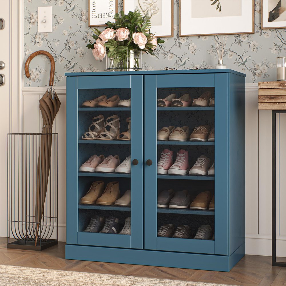 Teal Blue Twenty Pair Solid WoodShoe Storage Cabinet — view 6