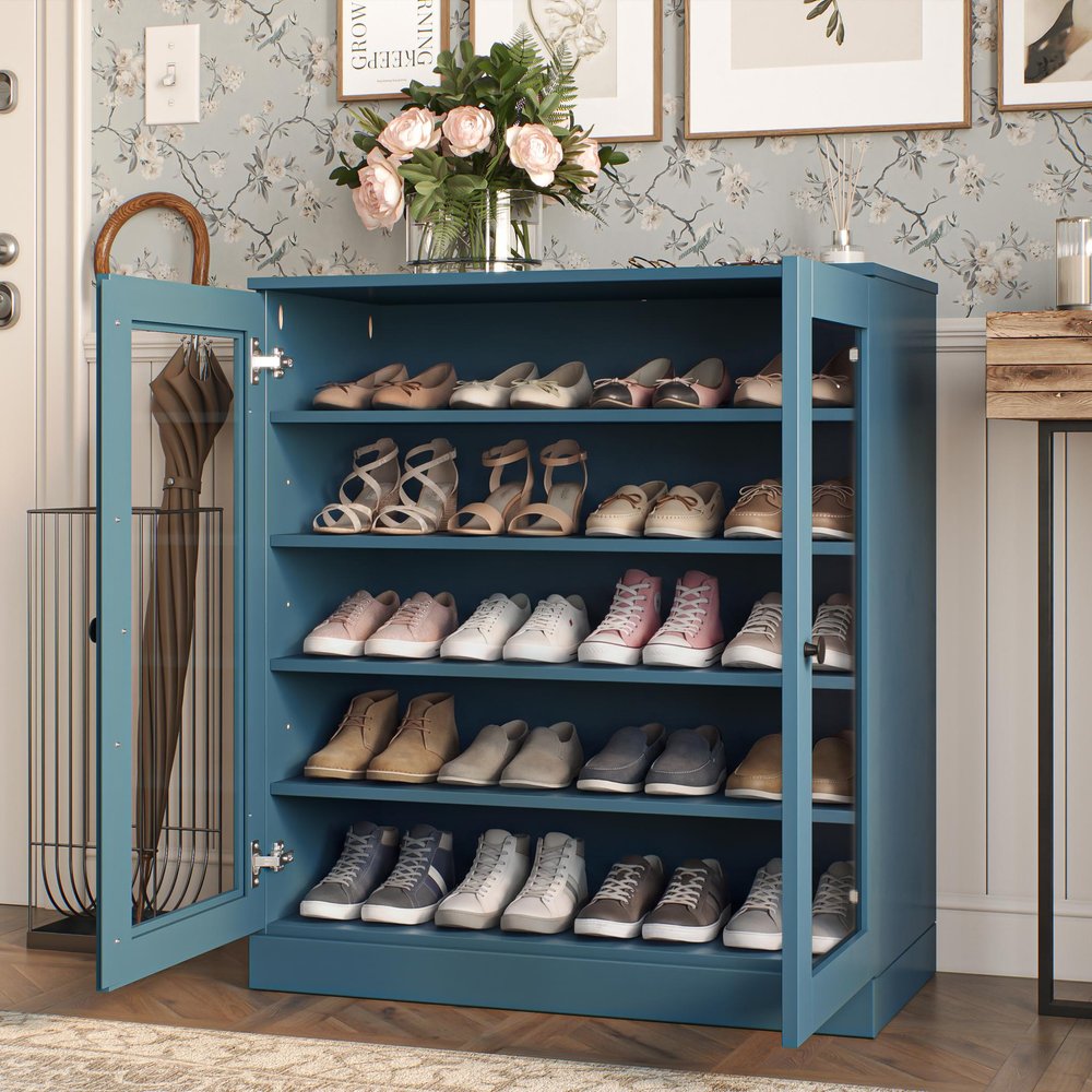 Teal Blue Twenty Pair Solid WoodShoe Storage Cabinet HomeRoots