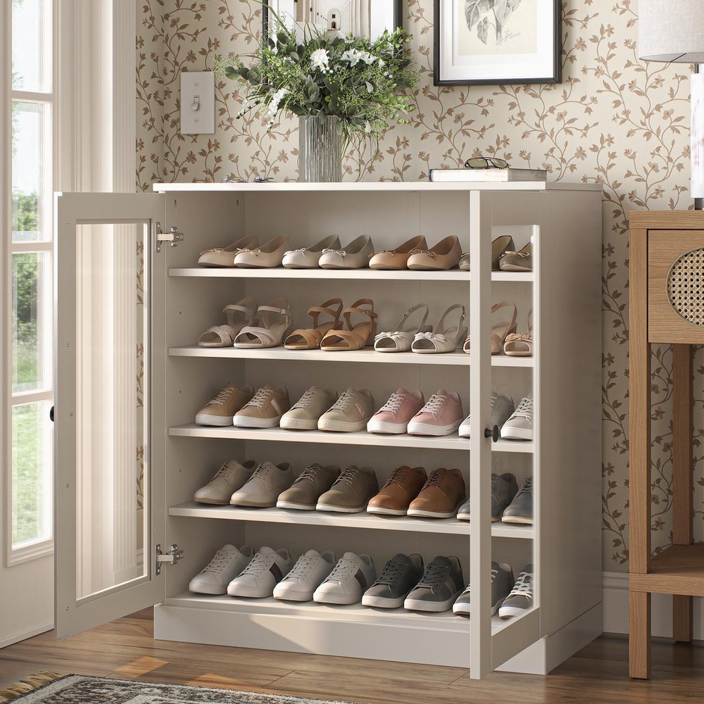Off White Twenty Pair Solid WoodShoe Storage Cabinet HomeRoots