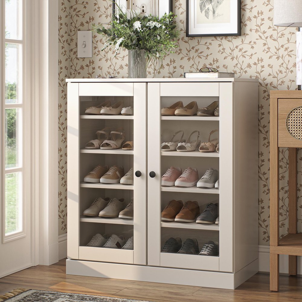 Off White Twenty Pair Solid WoodShoe Storage Cabinet HomeRoots