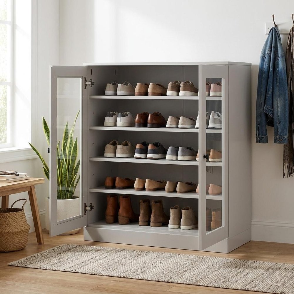 Off White Twenty Pair Solid WoodShoe Storage Cabinet HomeRoots