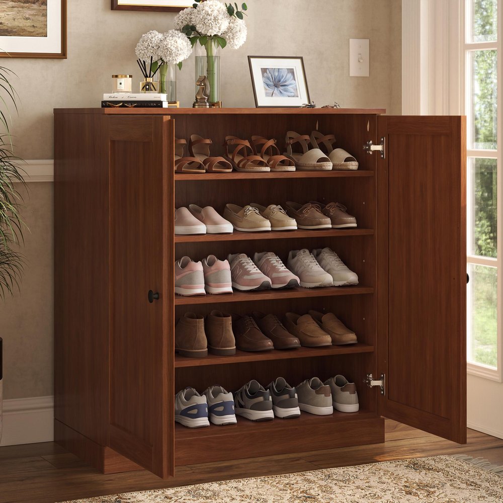 Coffee Twenty Pair Solid WoodShoe Storage Cabinet HomeRoots