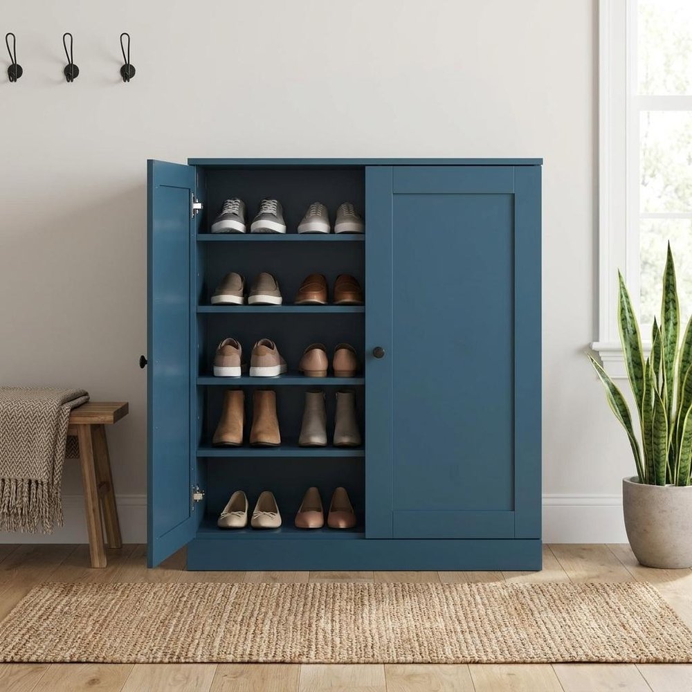 Teal Blue Twenty Pair Solid WoodShoe Storage Cabinet — view 1